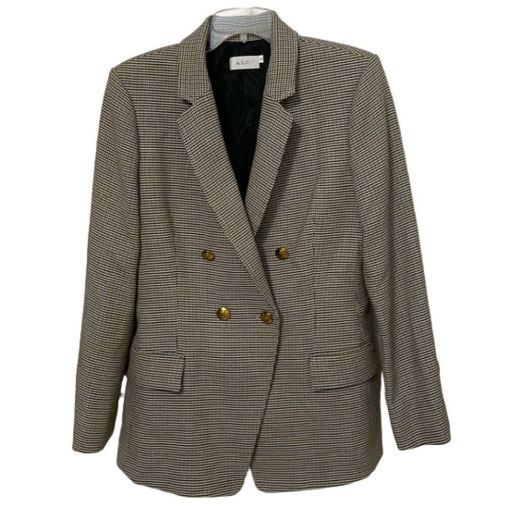 ALC Sedgwick Houndstooth Blazer Womens 10 Brown Plaid Double Breasted Jacket